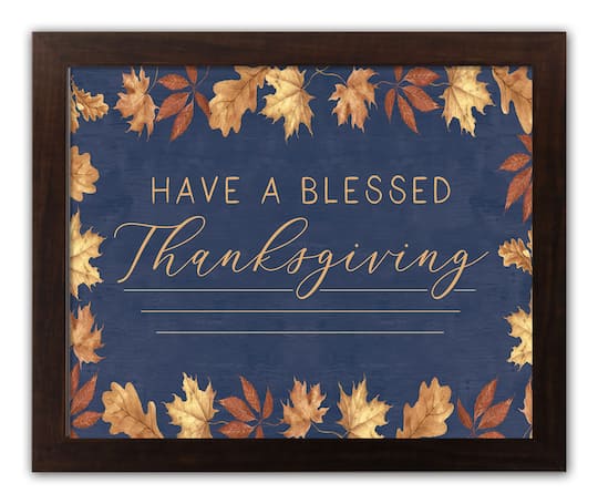 Blessed Thanksgiving Blue & Gold Walnut Framed Print Under Plexiglass